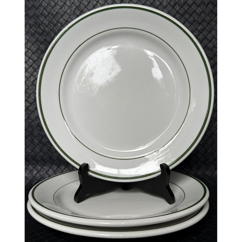 Shenango Rimrol Welroc Porcelain White Green Stripe 9" Dinner Plate set of 3